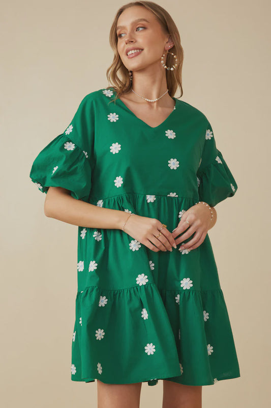 Green Floral Embroidered Puff Sleeve Dress