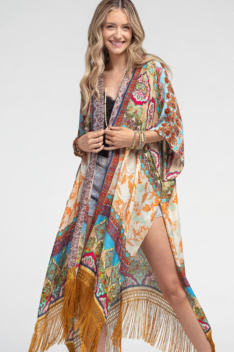 Multi Color Print Boho Kimono with Silky Tassels