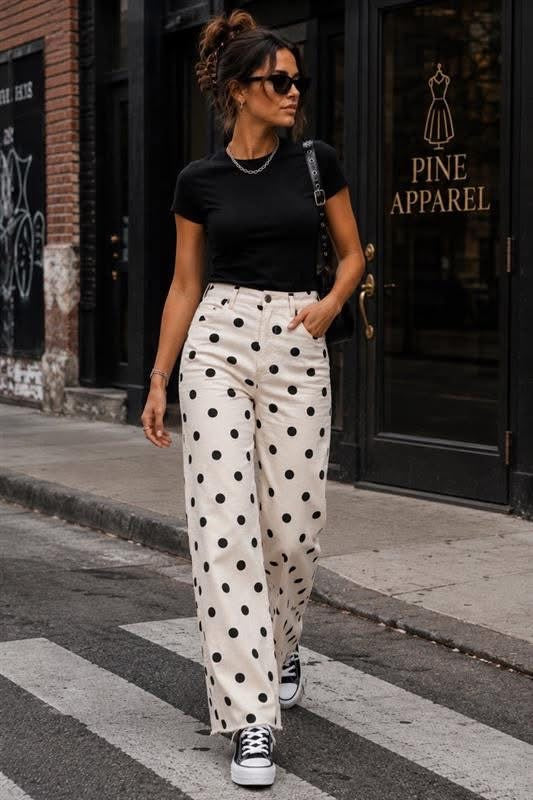 Cafe Polka Dot 31" Inseam Wide Leg Fray Pant