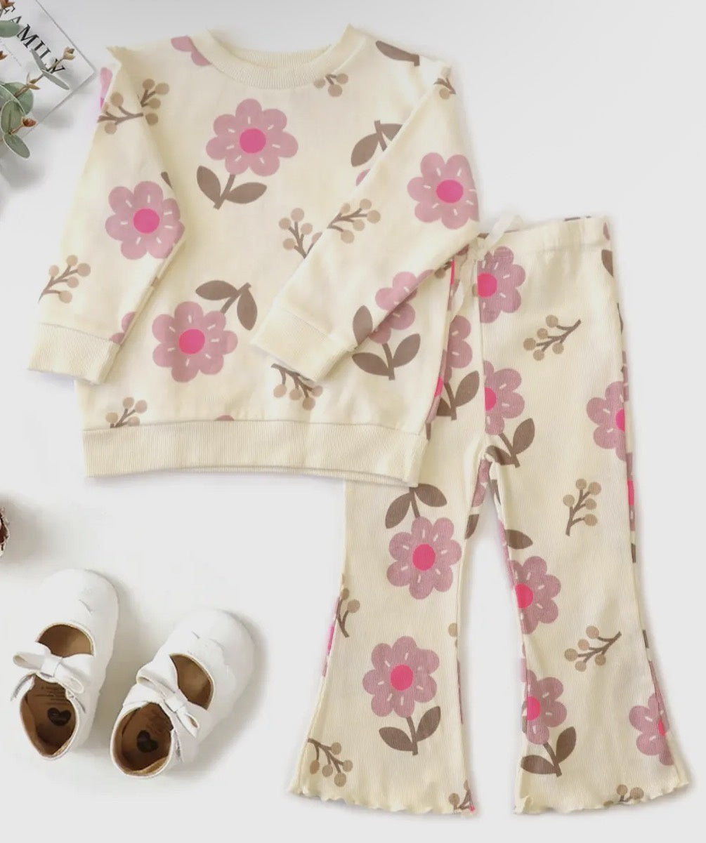 Flower Print Jersey Sweatshirt and Flare Leggings - 3T