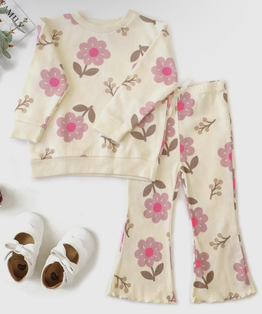 Flower Print Jersey Sweatshirt and Flare Leggings - 3T