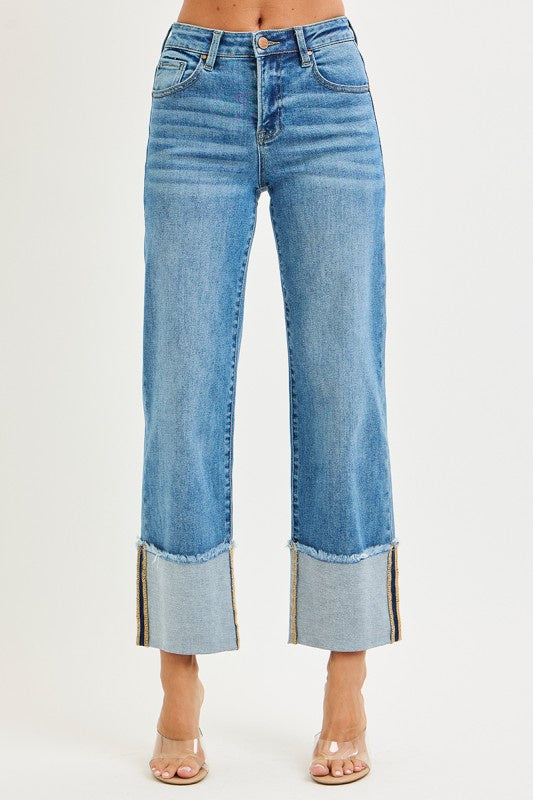 Risen MR Crop Wide Cuffed Jean Med Wash