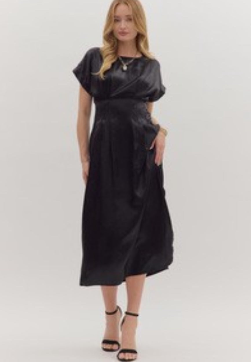 Entro Midi Sheen Black Dress with Gathered Waist