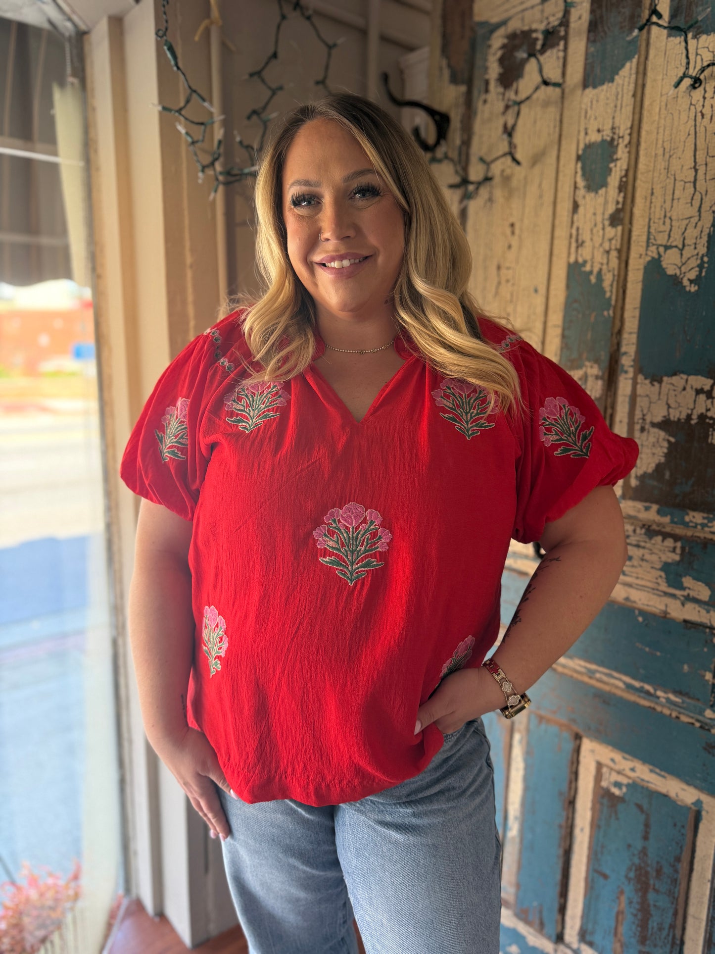 PLUS Umgee Cherry Red Embroidered Floral Puff Sleeve Blouse