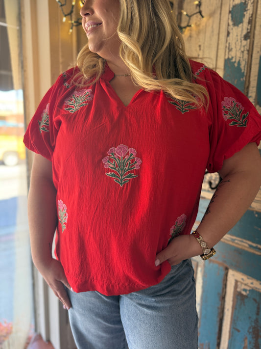 PLUS Umgee Cherry Red Embroidered Floral Puff Sleeve Blouse