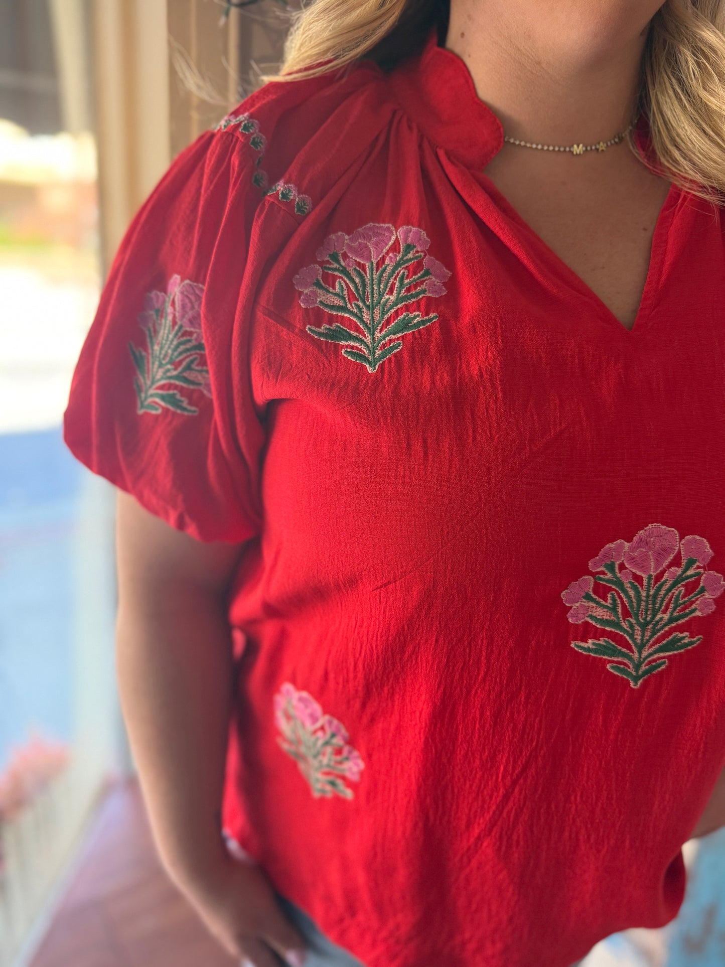 PLUS Umgee Cherry Red Embroidered Floral Puff Sleeve Blouse