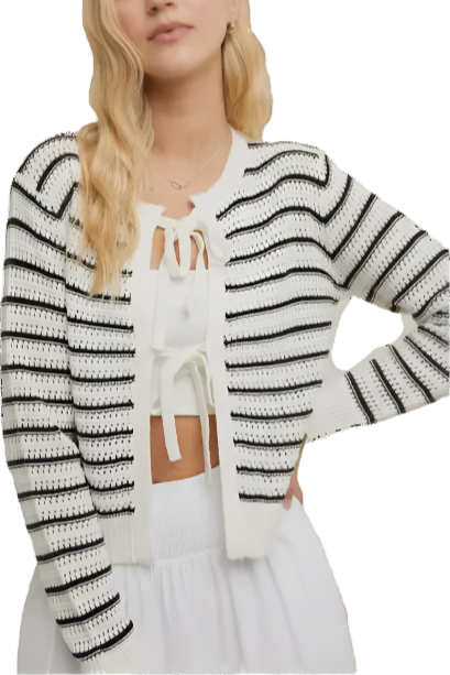 Black Striped Crochet Bow Cardigan