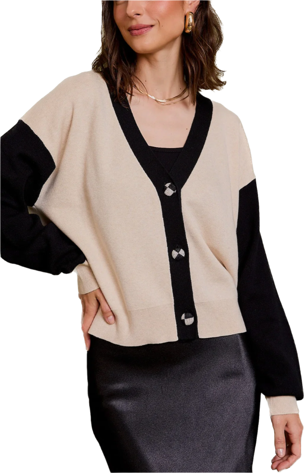 Cream & Black Contrast Button Sweater Cardigan