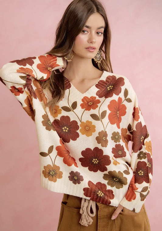Retro Floral Printed V Neck Relaxed Fit Knit Sweater - Brown Mix