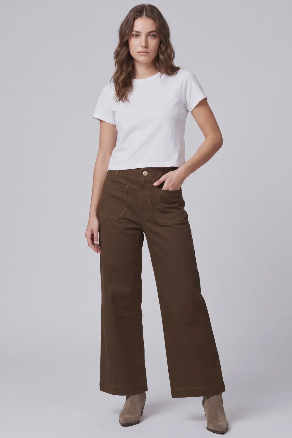 She and Sky Brown Washed Stretch Wide Leg Pants with Pockets