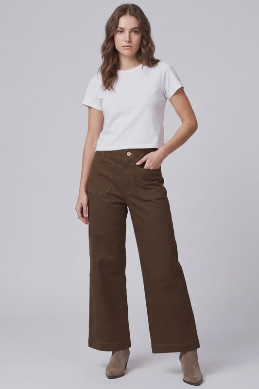 She and Sky Brown Washed Stretch Wide Leg Pants with Pockets