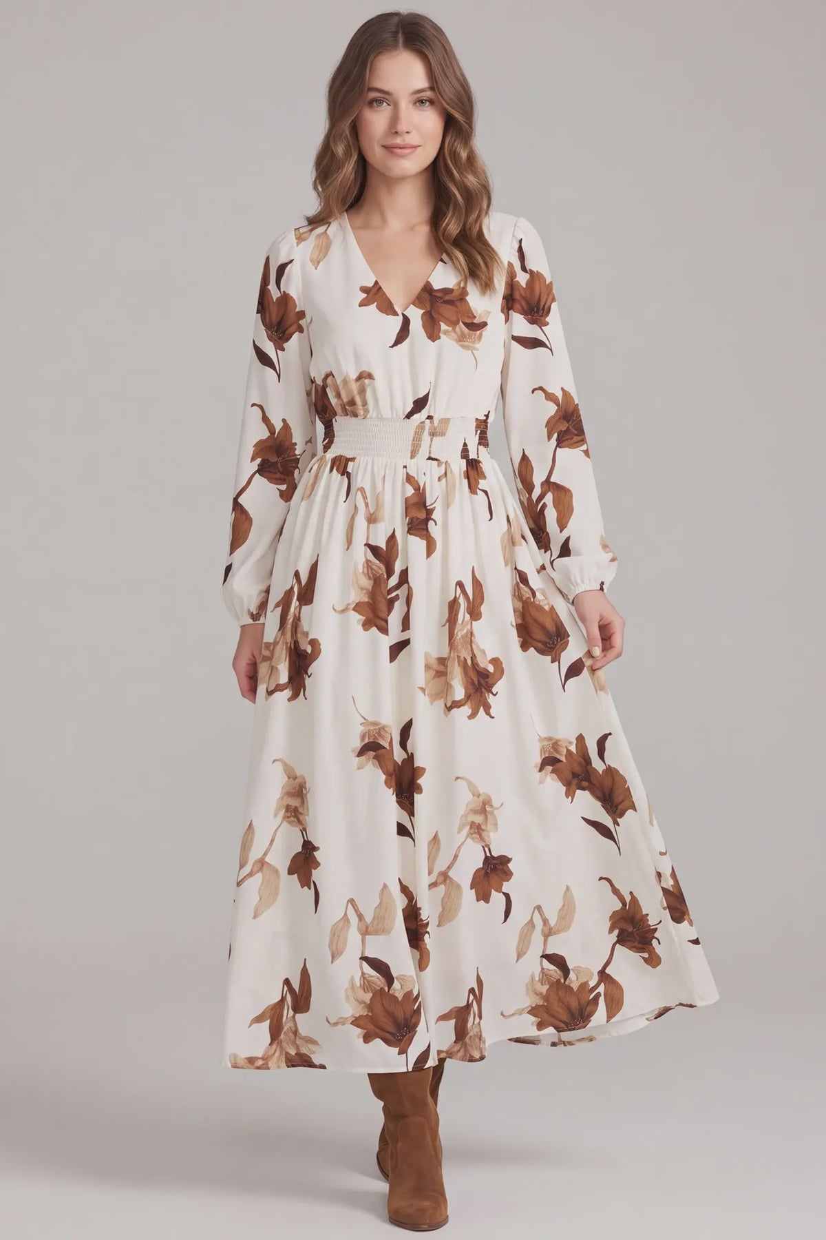 She and Sky Cream & Brown Floral Smocked Waist Maxi Dress with Pockets