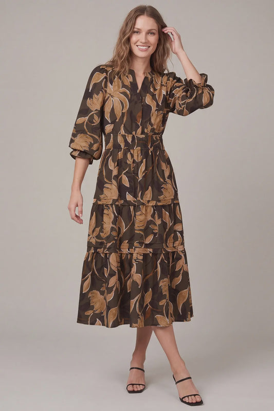 She and Sky Chocolate Brown & Tan Floral Tiered Midi Dress with Smocked Waist