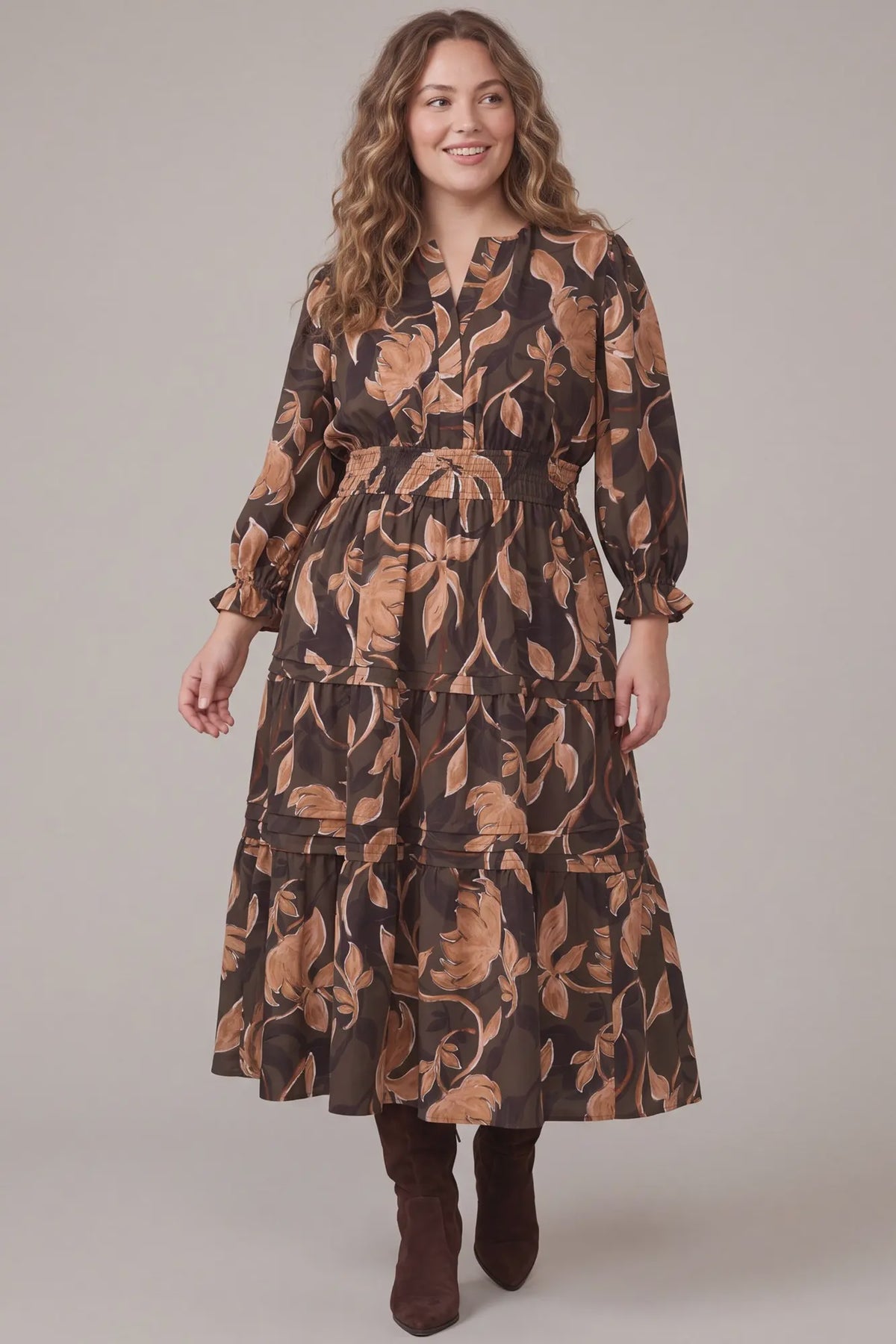 PLUS She and Sky Chocolate Brown & Tan Floral Tiered Midi Dress with Smocked Waist