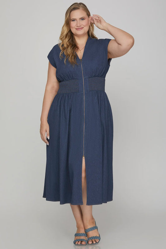 PLUS She and Sky Washed Denim Midi Dress with Smocked Waist & Front Zipper