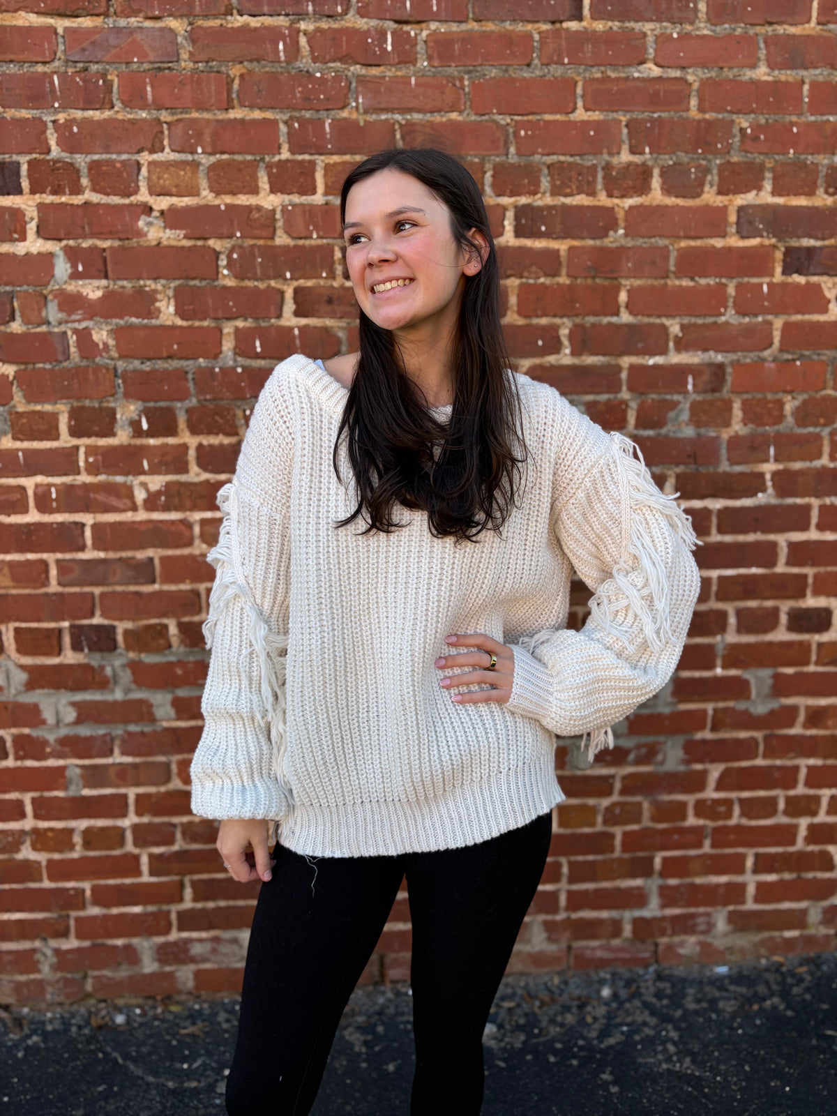 Ivory Off The Shoulder Knit Sweater With Tassels