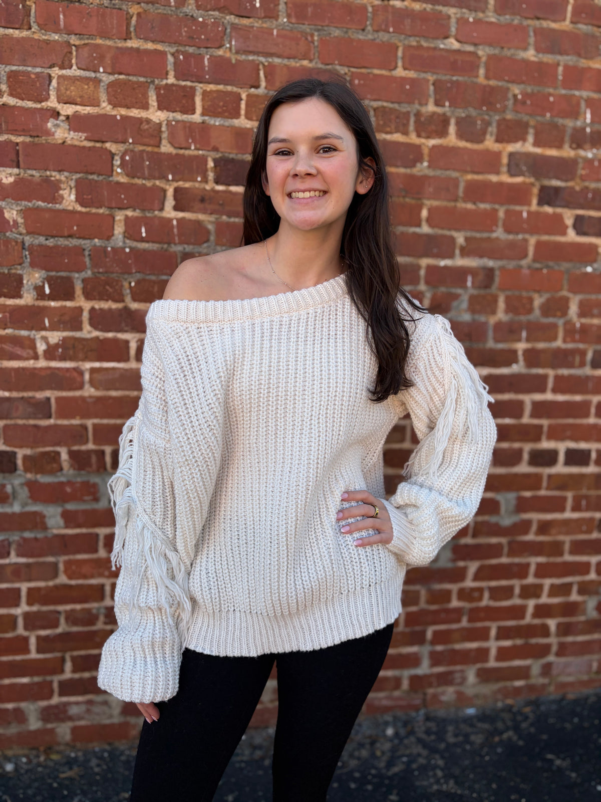 Ivory Off The Shoulder Knit Sweater With Tassels