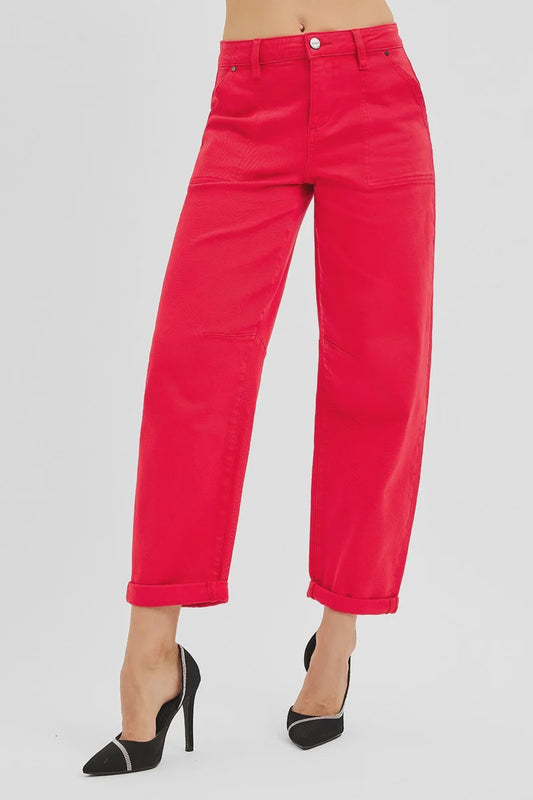 Risen Jean High-Rise Cuffed Barrel Pants – Scarlet Red