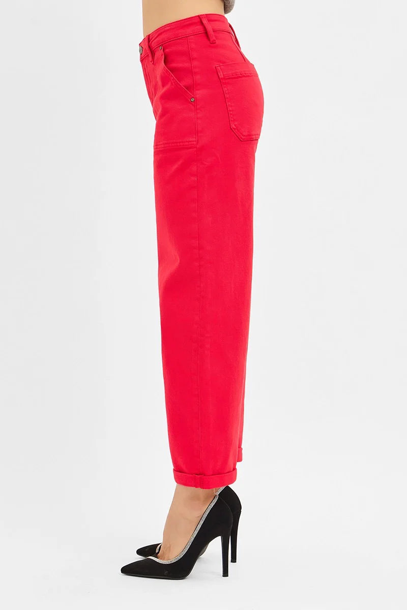 Risen Jean High-Rise Cuffed Barrel Pants – Scarlet Red