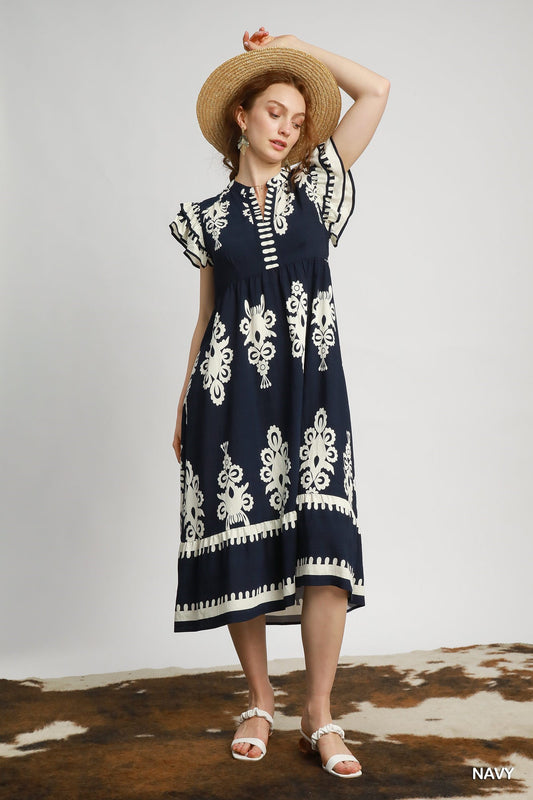 Umgee Navy Printed Midi Dress