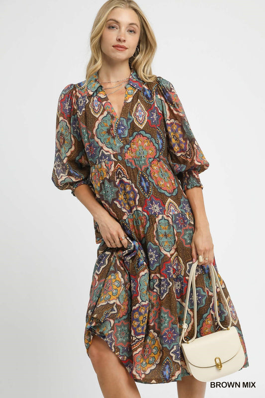 Umgee Boho Print Tiered Midi Dress – Brown Mix