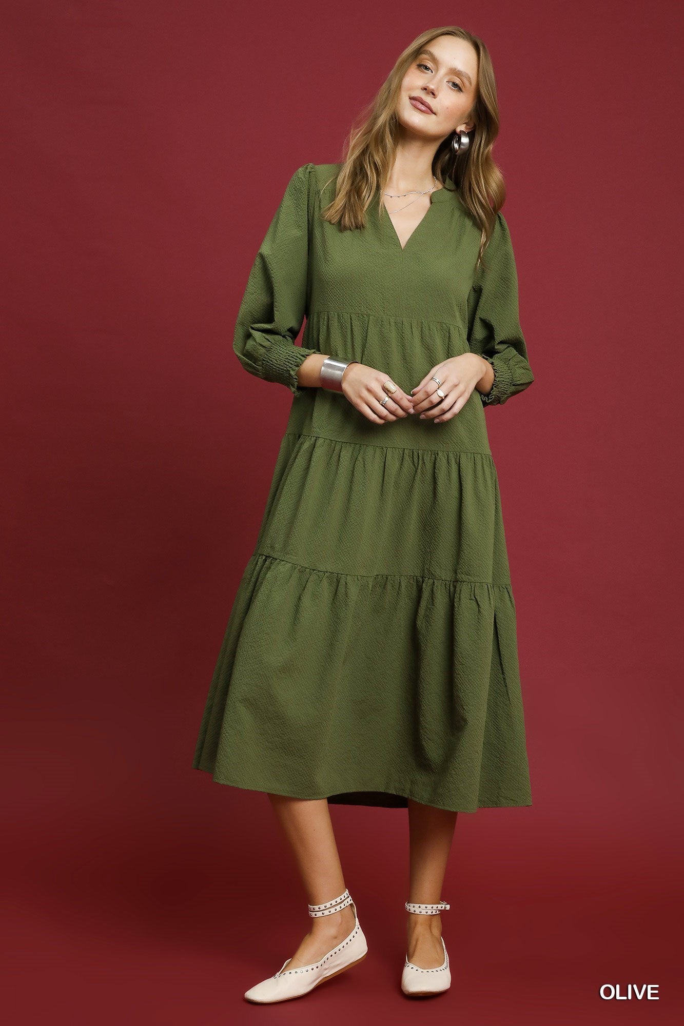 Umgee Textured Tiered Midi Dress