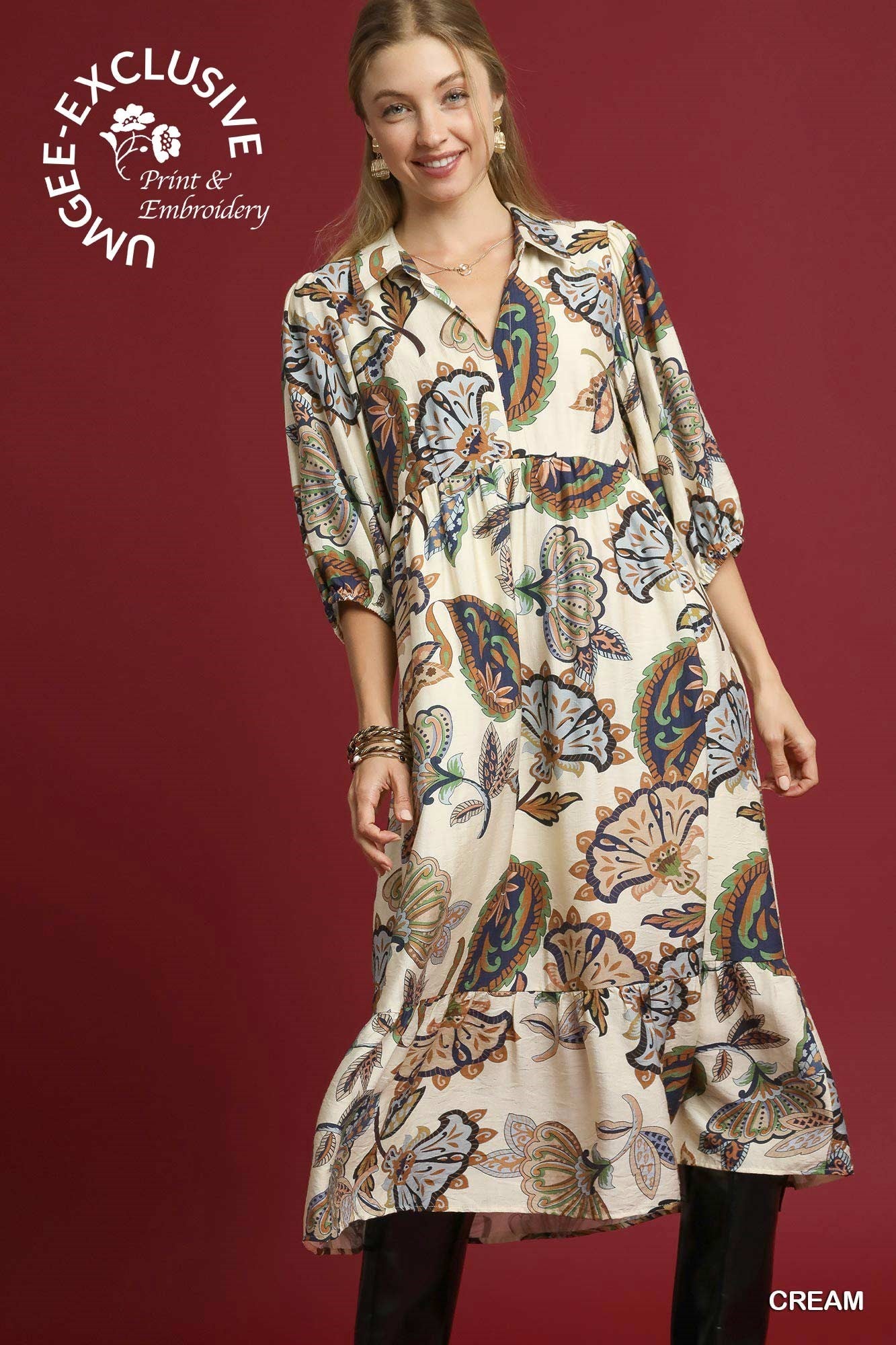 Umgee Boho Paisley Tiered Midi Dress