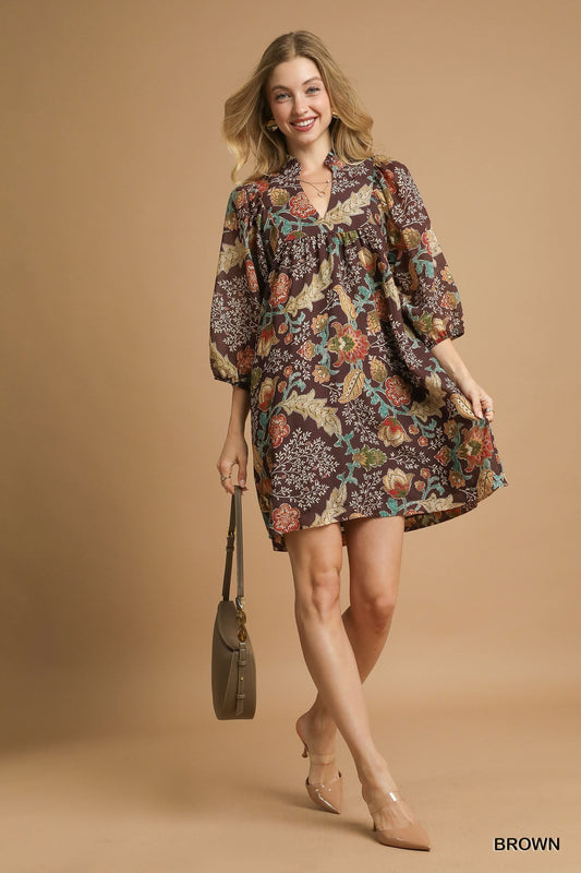 Umgee Floral Ruffle Neck Mini Dress