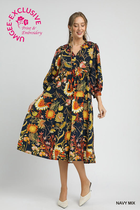 Umgee Copyright Mix Floral Tiered Midi Dress