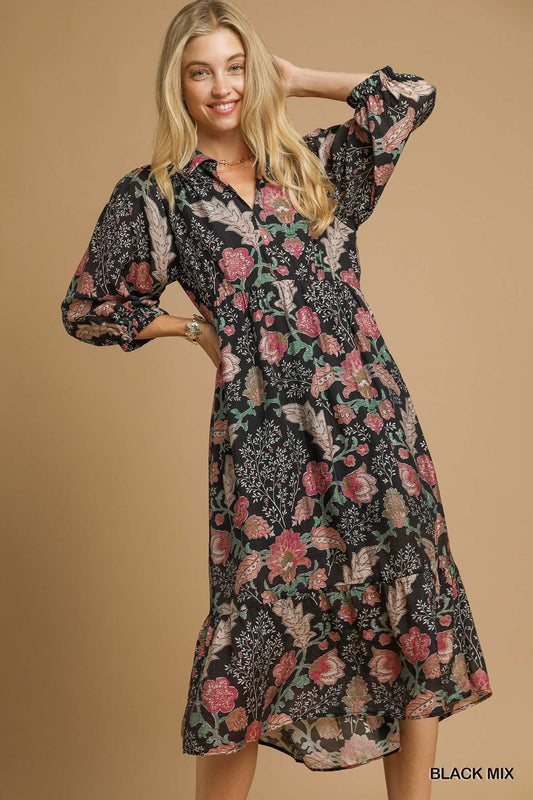 Umgee Boho Print Tiered Midi Dress - Black Mix
