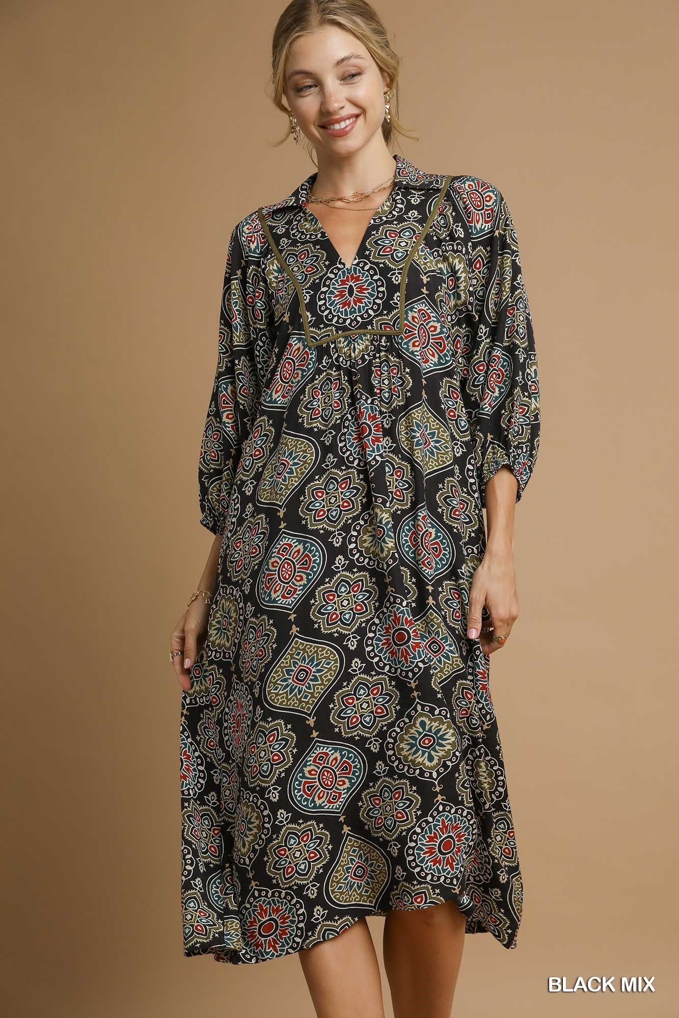 Umgee Boho Medallion Print Midi Dress