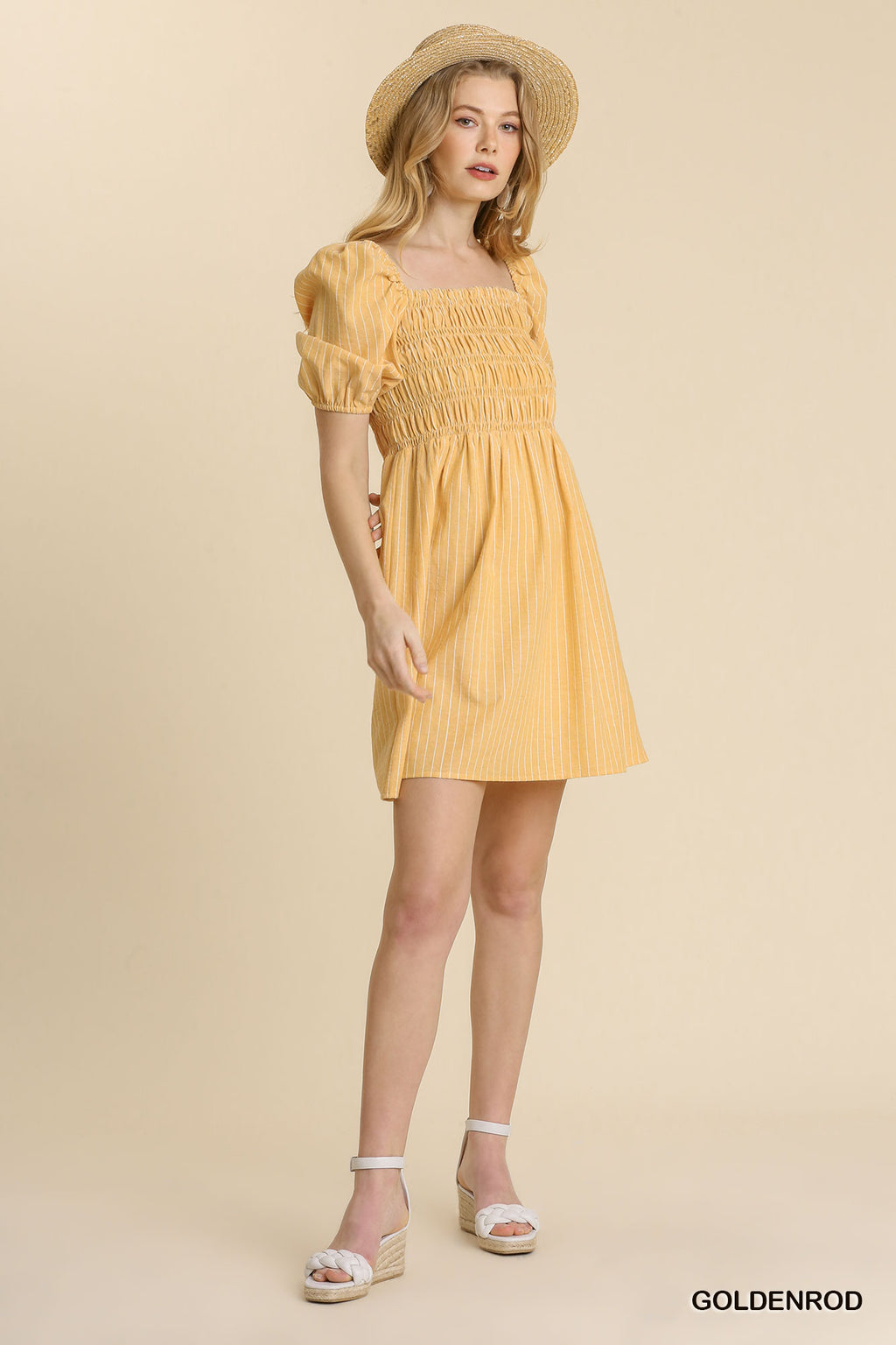 Goldenrod Striped Umgee Dress with Smocked Bodice and Puff Sleeves