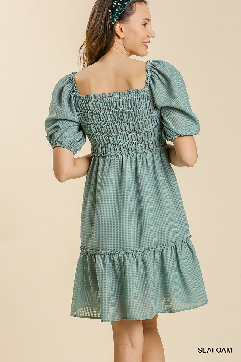 Seafoam Waffle Texture Umgee Dress with Smocked Bodice and Puff Sleeves