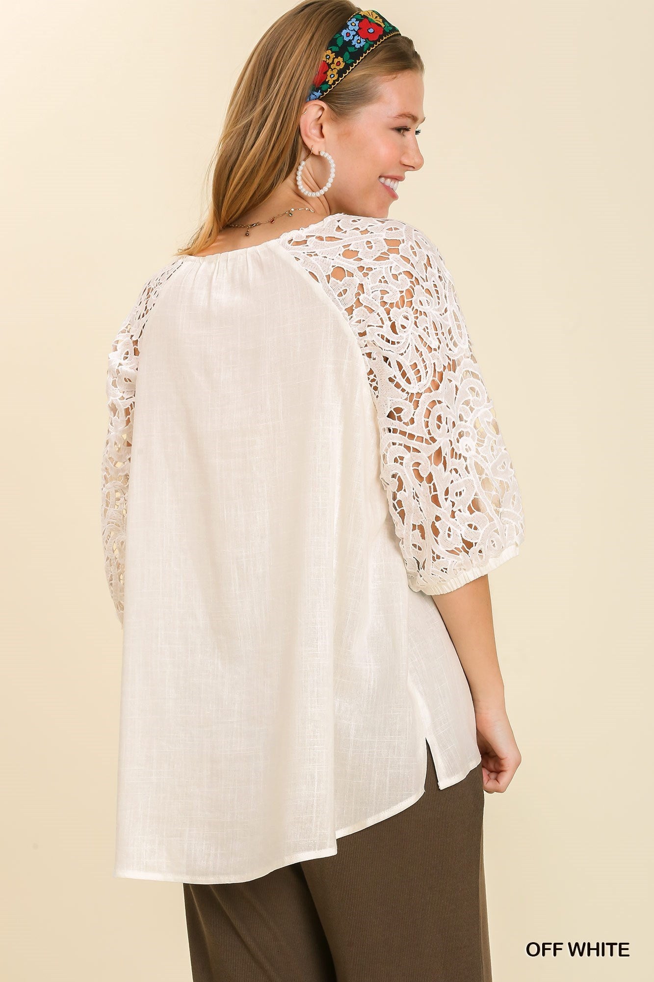 Umgee Off White Linen Blend Top with Crocheted Puff Sleeves