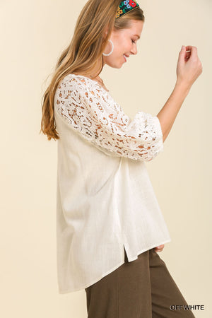 Umgee Off White Linen Blend Top with Crocheted Puff Sleeves