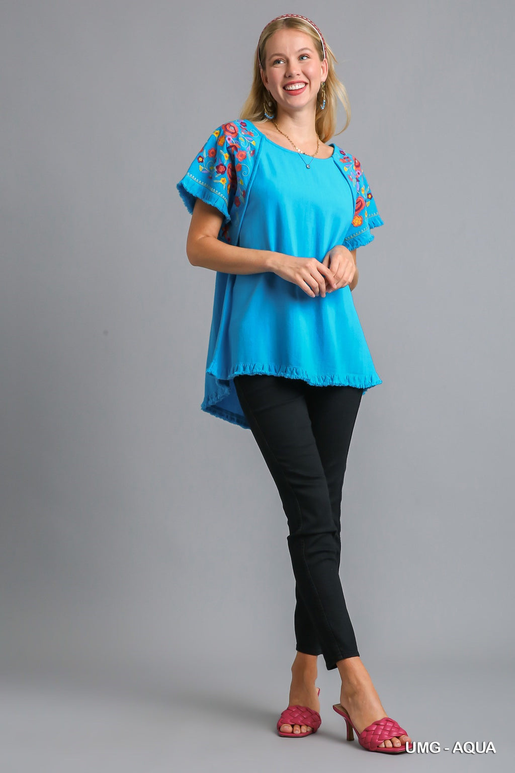 Turquoise Floral Embroidered  Umgee Top with Round Neck and Frayed Edge Hem