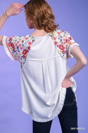 Off White Floral Embroidered  Umgee Top with Round Neck and Frayed Edge Hem