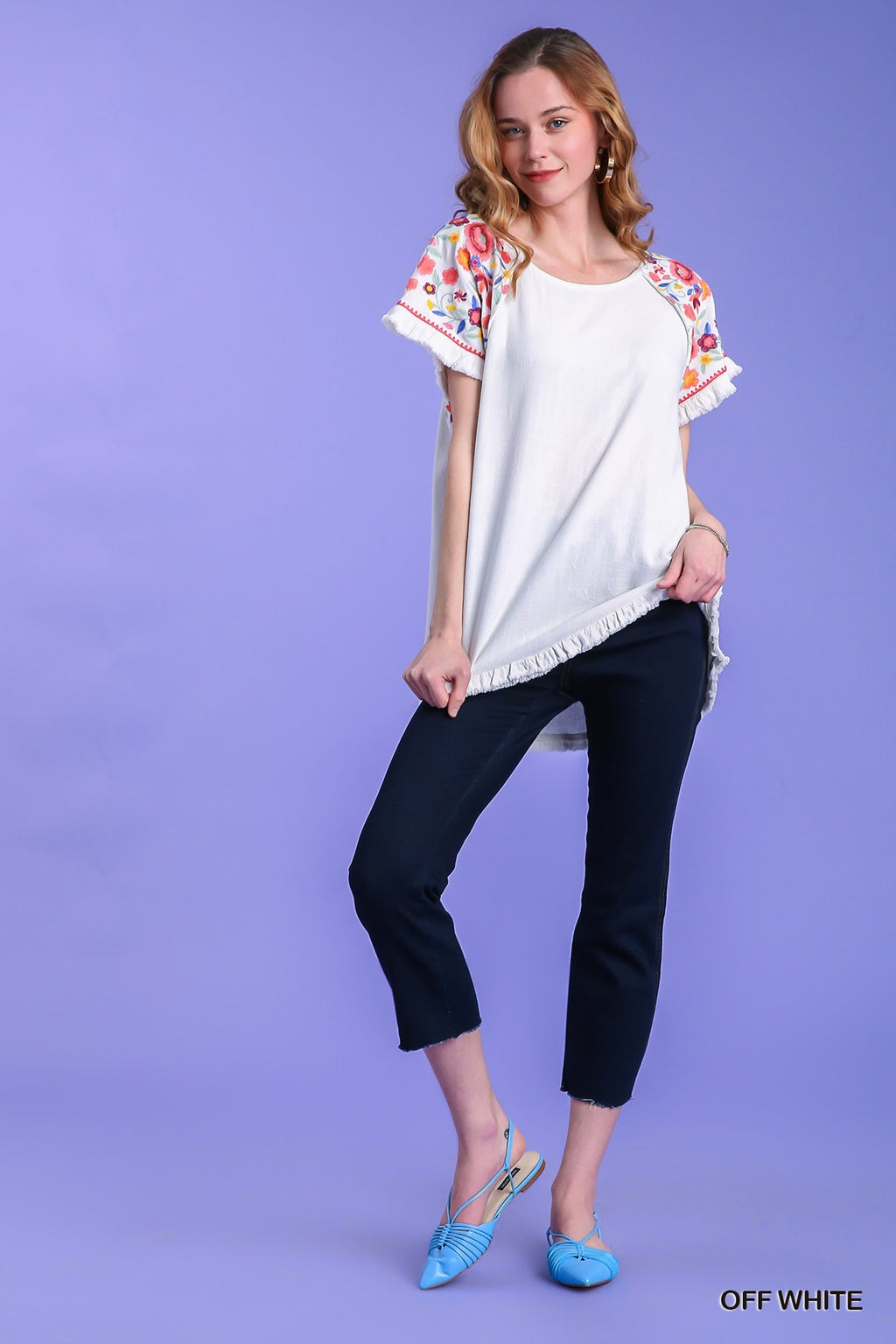 Off White Floral Embroidered  Umgee Top with Round Neck and Frayed Edge Hem