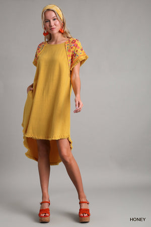 Honey Umgee Linen Blend Hi Low Hemline Dress with Embroidery Detail K6809