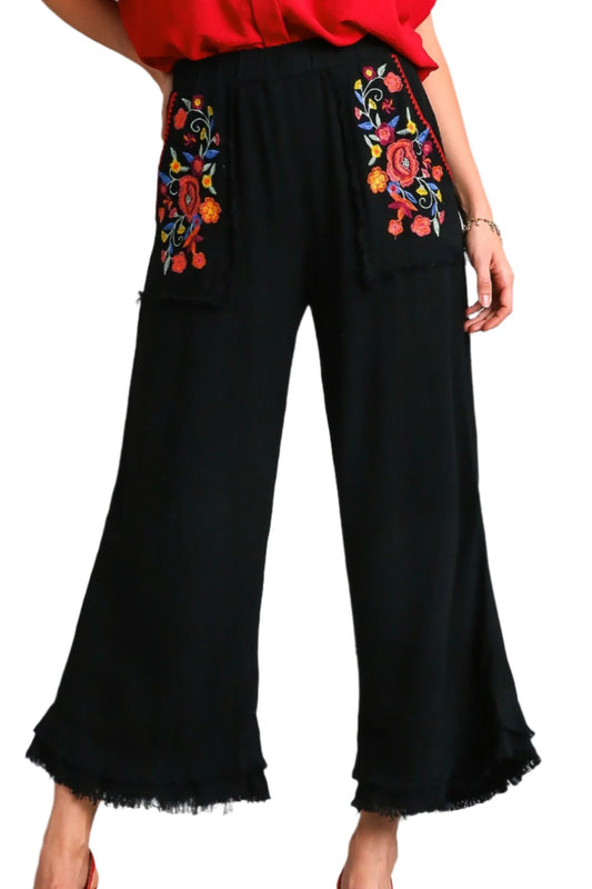 Umgee Black Embroidered Linen Pants with Unfinished Hem