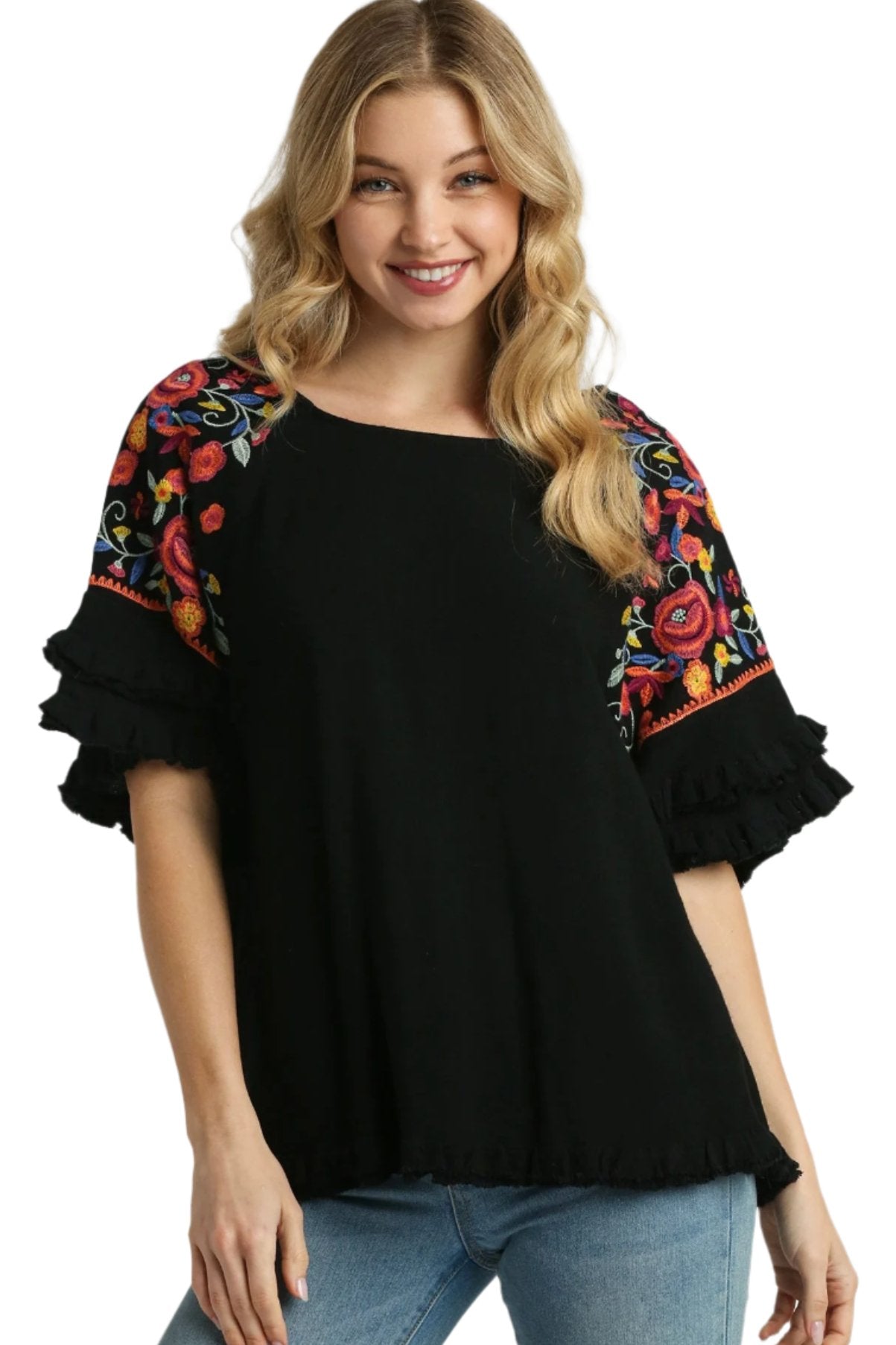 Umgee Black Top with Embroidered Sleeves