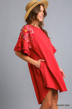 Cherry Red Umgee Linen Blend Hi Low Hemline Dress with Embroidery Detail