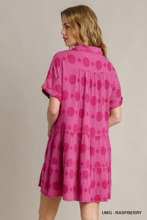 Raspberry Textured Polka Dot Tiered Short Sleeved Dress K 7705