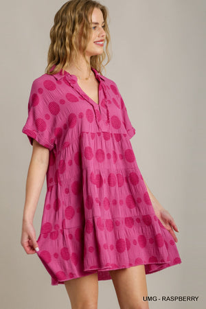 Raspberry Textured Polka Dot Tiered Short Sleeved Dress K 7705
