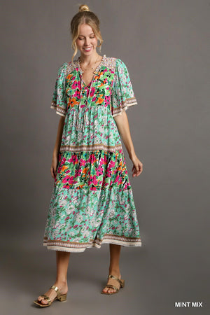 Umgee Green Floral Short Sleeved Maxi Dress K7783