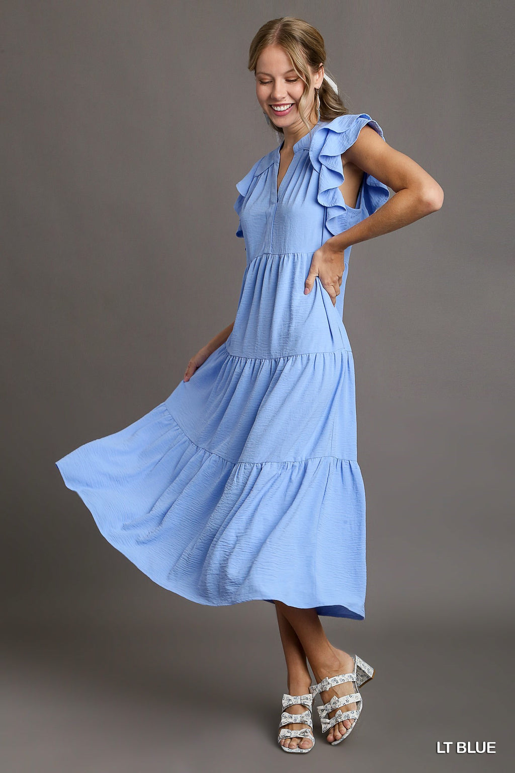 Light Blue Umgee Midi Dress with Split Neck and Flutter Sleeves K7828