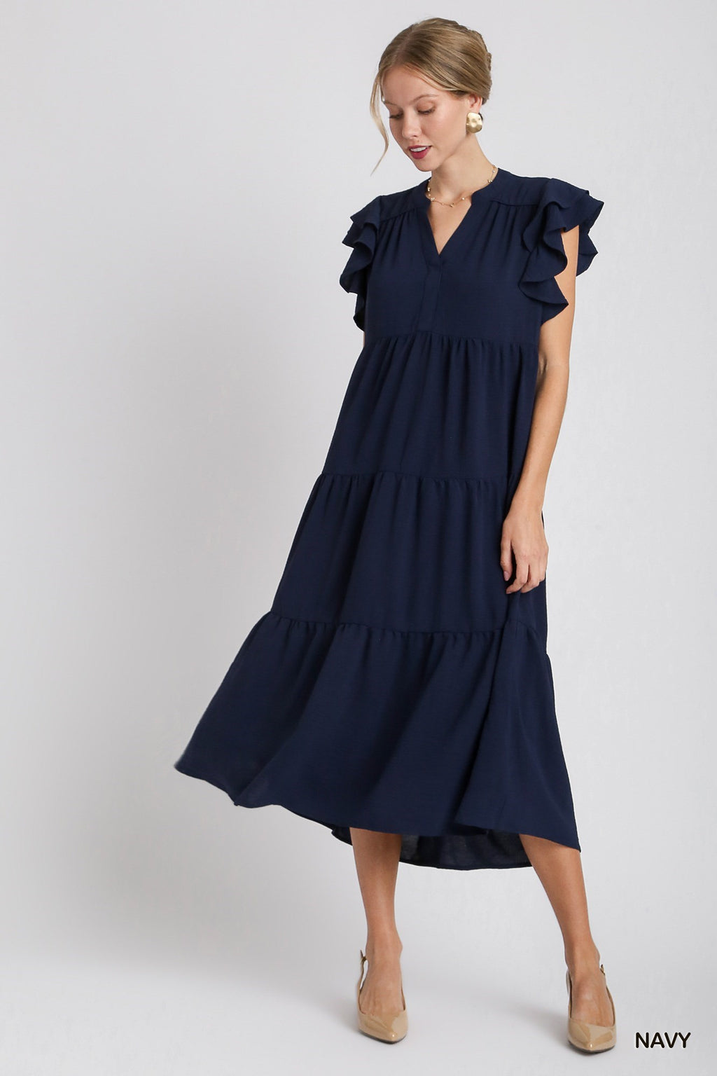 Navy Umgee Midi Dress with Split Neck and Flutter Sleeves K7828