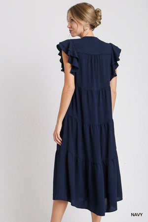 Navy Umgee Midi Dress with Split Neck and Flutter Sleeves K7828