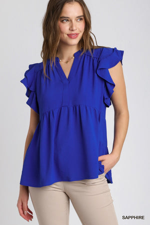 Umgee Sapphire Babydoll Top with Short Ruffle Sleeves K7829