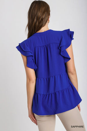 Umgee Sapphire Babydoll Top with Short Ruffle Sleeves K7829